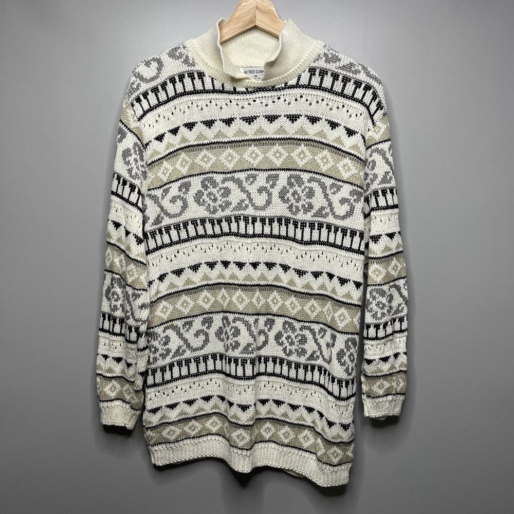 Vintage Alfred  Dunner Womens Fair Isle Flower Knit Collared Tunic Sweater USA M